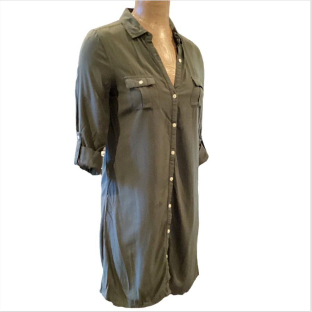 Old Navy Shirt Dress Pockets Roll Tab Sleeves Army Khaki Green Sz S #187J - Picture 3 of 8